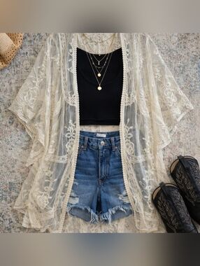 Torrid Ivory Lace Kimono One Size Boho Festival Embroidered Sheer NWT